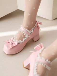 ❤Lace strap pumps with a ribbon❤︎ Peach Clothes, Magic Clothes, Autumn Shoes Women, Kawaii Shoes, Estilo Preppy, Pink Pumps, Lace Straps, White Pumps, Strap Pumps