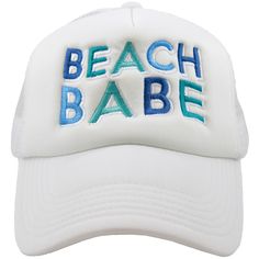 Get ready to radiate beachy vibes with our Beach Babe Wholesale Foam Trucker Hat! The all-caps "BEACH BABE" embroidery in multiple vibrant colors adorns this foam hat, bringing a splash of playful charm to your beach ensemble. Originally a hit on our old hats, this beloved design now graces our new foam collection, available in both blue and white variations. Perfect for those craving the sun, sand, and sea, this foam trucker hat seamlessly blends comfort with a trendy beach aesthetic. Channel y Summer Snapback Trucker Hat With Upf 50+, White Beachy Sun Hat One Size Fits Most, Blue Fun Snapback Hat For Summer, White Hat For Poolside Vacation, Fun Blue Snapback Hat For Summer, Summer Trucker Hat For Vacation In Spring, White Trucker Hat For Beach Season Vacation, Trendy Blue Trucker Hat For Vacation, White Summer Baseball Cap For Beach Season