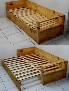 two pictures of a bed frame made out of wooden pallets and one with no mattress