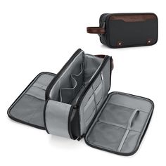 two pieces of luggage sitting next to each other on top of a white surface with brown trim