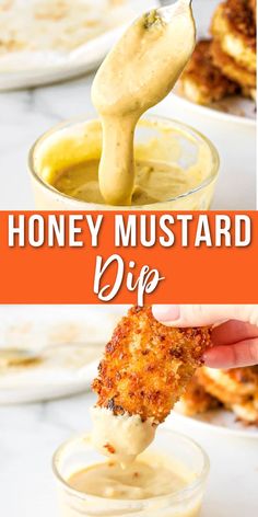 a hand dipping some food into a small glass bowl with dip in it and the words honey mustard dip on top