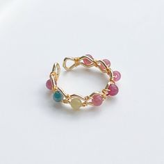 Tourmaline Beaded Ring - Rainbow Gemstone Bead Adjustable Ring - Octob – Ninaouity Rings That Fit Together, Adjustable Wire Ring, Wire Rings With Stones, Wire Ring Diy, Beaded Wire Rings, Wire Rings Ideas, Cute Wire Rings, Gold Wire Ring, Diy Wire Jewelry Rings