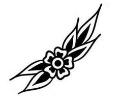 a black and white drawing of a flower with leaves on it's side, in the shape of an arrow