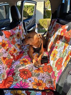 a dog sitting in the back seat of a car with flowers on it's blanket