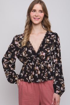 Floral Plunge Long Sleeve V-Neck Blouse 100% Polyester Chic Floral Print V-neck Top, Chic Spring Top With Notched Neckline, Chic Tops With Notched Neckline For Spring, Chic V-neck Floral Print Top, Feminine V-neck Blouse For Brunch, Feminine V-neck Tops For Brunch, Feminine V-neck Top For Fall, Spring Floral Print V-neck Tops, Floral Print V-neck Top For Spring