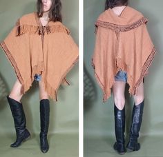 "Vintage knit poncho with fringe - cute bohemian outfit topper - Free People vibes - great for any season - warm earthy pale orange-y meets toffee ochre color - a pumpkin spice hue with brown trim no tags approx 44\" across approx 21\" length shoulder to hem + 4\" fringe open fit - no closures on the sides shown on 5'8\" size s  condition Great vintage condition overall - no notable flaws. Freshly hand laundered and air dried.  Please message questions prior to purchase - I'm happy to help. Once One Size Fringe Shawl Cape, Bohemian Fringe Shawl Cape, Bohemian Beige Poncho Cape, Oversized Fringe Shawl Cape, Beige Fringed Poncho Shawl, Romantic Blouses, Pale Orange, Brown Trim, Poncho Cape