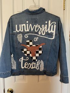 HAND PAINTED & RHINESTONED DENIM JACKET  - Forever 21 distressed denim jacket (women's size SMALL) - the jacket is OVERSIZED   - Longhorn in the center is rhinestoned! Fitted Cotton Outerwear With Letter Print, Fitted Fall Denim Jacket With Letter Print, Fitted Denim Outerwear With Letter Print, Lubbock Tx, Painted Jeans, Oversized Denim Jacket, Custom Jacket, Distressed Denim Jacket, Painted Shoes