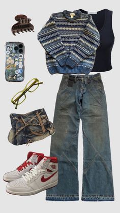 an assortment of clothing and accessories including sneakers