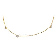 Featuring a 14k gold 3 diamond necklace. A versatile piece that can be worn as a choker or a 22 inch necklace. ---------------D E T A I L S--------------- - .30 carats total weight princess cut diamonds - Set in 14k gold bezel settings - 14k gold adjustable cable chain with a lobster clasp closure - 0.9 mm - Available in 14k white, yellow or rose gold - Adjustable up to 22 inches by pulling the chain through the sliding ball ----------------------------------- *The last photo features the listed Fine Jewelry Yellow Gold Diamond Choker Necklace, Yellow Gold Diamond Choker Necklace, Gold Station Necklace With Single Cut Diamonds For Anniversary, Gold Diamond Station Necklace As Gift, Anniversary Diamond Accent Choker Necklace, Gold Station Necklace With Diamond Accents As Gift, Gold Diamond Choker Necklace, 3 Diamond Necklace, Princess Cut Gold