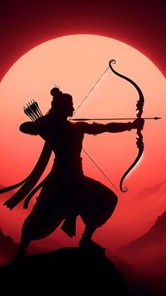 the silhouette of a person holding a bow and arrow in front of a red sun