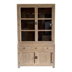 a wooden cabinet with glass doors on the front and drawers in the back, against a white background