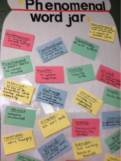 a bulletin board with sticky notes attached to it's sides and the words phenonal word jar written on them