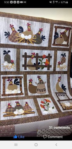 an appliqued quilt with chickens and flowers on the front, along with words that read feed