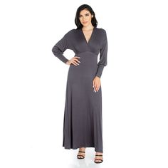 Designed with a flared skirt and empire waist, this figure-flattering juniors' maxi dress from 24seven Comfort Apparel delivers an elegant look you can't resist. Designed with a flared skirt and empire waist, this figure-flattering women's maxi dress from 24seven Comfort Apparel delivers an elegant look you can't resist. V-neck Long sleeves No pockets Empire waist Unlined Jersey construction PulloverFIT & SIZING Maxi silhouette 54.5-in. approximate lengthFABRIC & CARE Rayon, spandex Machine wash Grey Maxi Dress, Maxi Dress Online, Full Length Dress, Women Formals, Review Dresses, Sleeve Maxi Dress, Women Maxi, Long Sleeve Maxi, Elbow Length Sleeve