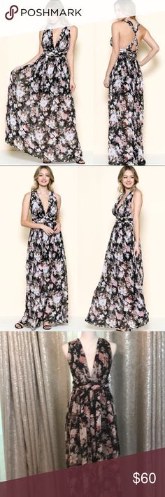 Floral Maxi Dress Beautiful black and floral maxi dress with deep V and criss-cross back. Dress does not stretch and is lined which will fall between mid-thigh to above knee. The dress has a zipper in the back. Dress will flow as you walk and can be worn for various occasions. This dress would be great for the summer. October Love Dresses Maxi October Love, Black Floral Print V-neck Maxi Dress, Back Dress, Dress Beautiful, Floral Maxi, Above Knee, Dresses Maxi, Floral Maxi Dress, Deep V