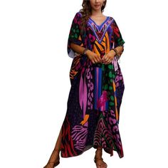 *Versatile Size Options: This Kaftan Maxi Beach Dress Is Suitable For S,M,L,Xl,Xxl,3xl, Bust: 61.0" Length: 53.9" Shoulder: 34.6"Catering To Various Body Types. *Flowing Kaftan Design: Featuring An Elegant Kaftan-Style Design, It Exudes Charm Whether You're At The Beach Or On Vacation. Its Maximum Length Provides Ample Coverage And Protection While Maintaining A Light And Airy Feel. *High-Quality Synthetic Silk Fabric: Crafted From Lightweight Synthetic Silk Fabric, This Moomoo Dress For Women E Multicolor V-neck Maxi Dress For Beach, Vibrant V-neck Kaftan For Vacation, Multicolor Print V-neck Maxi Dress For Vacation, Vibrant Short Sleeve Maxi Dress For Vacation, Multicolor Maxi Dress For Beach Holiday, Multicolor Print V-neck Vacation Kaftan, V-neck Multicolor Print Kaftan For Vacation, Short Sleeve Multicolor Print Maxi Dress For Vacation, Colorful Beachwear Maxi Dress For Vacation