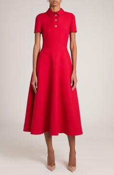 Gleaming domed buttons pop on this Valentino-red midi dress fashioned from a soft wool-and-silk blend in a truly classic fit-and-flare silhouette. 51" length (size 40IT) Hidden back-zip closure; button half placket Spread collar Short sleeves Side-seam pockets 65% virgin wool, 35% silk Dry clean Made in Italy Designer Clothing Classic Soft Style, Fashion For Short Women, Valentino Red, Valentino Dress, Red Midi, Dress Short Sleeve, Silk Midi Dress, Red Midi Dress