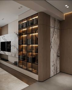 a living room with marble walls and shelves