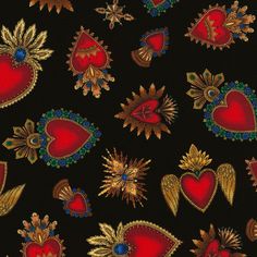 a black background with red and gold heart shaped patches on the left side of the image