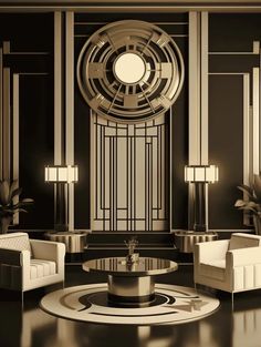 an art deco living room with white couches and chairs