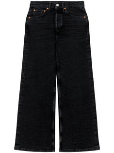 black cotton blend denim concealed fly and button fastening high-rise belt loops classic five pockets cropped wide leg Black Wide Leg Jeans Cropped, High Waist Wide Leg Black Jeans, Zara Wide Leg Jeans Black, Luxury Black Jeans, Mother Jeans Black, High Waist Jeans Schwarz, Jean Wide Leg, Denim Outerwear, Perfect Jeans