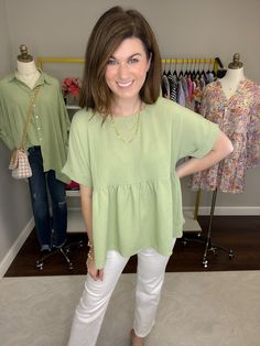 This top is a staple that every closet needs! It's a refreshing shade of green and a slightly fancier textured fabric so it's as versatile as they come. We love how easily this can take you from the office to dinner and then be brought back out for the weekend. The peplum style is a perfect option on all shapes and sizes. It gives you a flowy fit while balancing your figure and camouflaging your midsection. Don't pass up this great new top! Also coming in candy pink and lavender. Top measures 25 Skirt Extender, Pink And Lavender, Closet Needs, Deodorant Stains, Peplum Styles, Candy Pink, New Top, Spring Green, Pink Candy