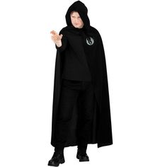 a man in a black cloak with his hands out and one hand up to the side