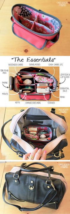 the contents of a purse are shown in three different pictures, one is open and the other is closed