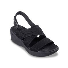 Skechers-Pier Lite Night Owl Wedge Sandal Complement summer with a strappy style. The Pier Lite Night Owl sandal from Skechers is crafted with comfortable features and a crisscrossing upper. Complete with lightweight materials, a cushioned Luxe Foam® footbed, and a flexible traction sole. Summer Wedge Sandals With Arch Support For Vacation, Black Wedge Sandals With Arch Support For Beach, Black Beach Wedge Sandals With Arch Support, Slingback Wedge Sandals With Arch Support For Vacation, Black Wedge Sandals With Arch Support For Vacation, Black Strappy Wedge Sandals For Vacation, Beach Slingback Synthetic Wedge Sandals, Summer Beach Wedge Sandals With Arch Support, Synthetic Slingback Wedge Sandals For Vacation