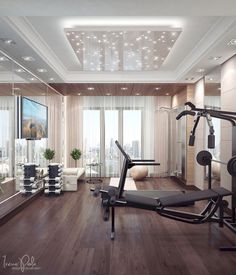 a gym room with treadmills, exercise equipment and large windows