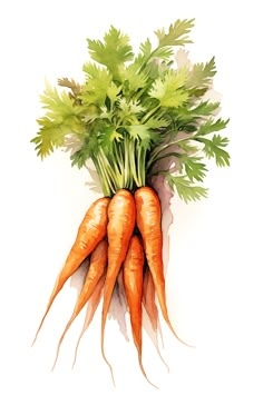 three carrots with green tops and leaves on top, drawn in watercolor by hand