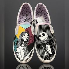 New Disney Nightmare Before Christmas Sneakers Women's Size 11 Low Top Slip On Shoes. These Nightmare Before Christmas Slip Is Perfect For Halloween. Designed With Famed Character Jack And Sally, These Shoes Are Sure To Be A Conversation-Starter For Any Fan Of Disney's Dark Yet Sweet Holiday Movie. A Convenient, Grab-And-Go Option For Your Everyday, Casual Look. Shoe Closure: Low Top Slip On Materials: Canvas Features: White Canvas, Pearlized Iridescent Pu, Gel Print, White Elastic Gore, And Lav Christmas Sneakers, Mickey Mouse Shoes, Disney Sneakers, Disney Vans, Disney Nightmare Before Christmas, Christmas Shoes, Disney Shoes, Native Shoes, Princess Shoes