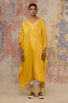 Shop for Devnaagri Yellow Cotton Silk Blend Embroidered Kurta And Pant Set for Women Online at Aza Fashions Yellow Kaftan, Kaftan Style, Embroidered Bodice, Embroidered Organza, Embroidered Neckline, Kurta With Pants, Pant Set, Set For Women, Festival Wear