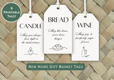 three tags with the words bread and wine on them