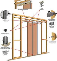 the parts of a sliding glass door with instructions on how to install it and where to put them