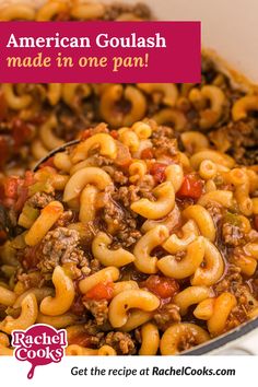 a large pot filled with pasta and ground beef in it's sauce being stirred by a ladle