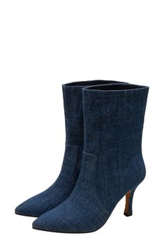 Denim composition adds undeniable casual-chic appeal to this sleek pointy-toe bootie. 3 1/2" heel 7 1/2" shaft Slip-resistant sole Textile upper and lining/rubber sole Imported Denim Blue Pointed Toe Denim Boots, Denim High Heel Boots For Spring, Fitted Denim Blue Boots With Round Toe, Fitted Casual Boots With Pointed Toe, Casual Fitted Boots With Pointed Toe, Denim Blue Pointed Toe Boots, Chic Denim Blue High Heel Boots, Fitted Denim Boots With Pointed Toe, Denim Ankle Boots For Fall