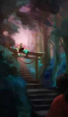 a woman sitting on top of a wooden bridge in the middle of a lush green forest