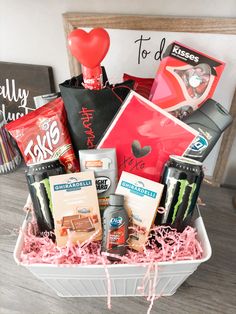 a valentine's day gift basket is shown