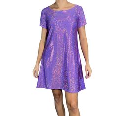 Lavender Holographic Sparkly Tee Dress | Shirtdress in Purple - Peridot Clothing Pink Short Sleeve Summer Party Dress, Pink Short Sleeve Dress For Summer Party, Pink Crew Neck Party Dress, Fitted Purple Mini Dress With Short Sleeves, Purple Fitted Short Sleeve Dress, Fitted Mini-length T-shirt Dress For Summer, Fitted T-shirt Dress, Mini Length For Summer, Pink Stretch Crew Neck Dress, Pink Stretch Dress With Crew Neck