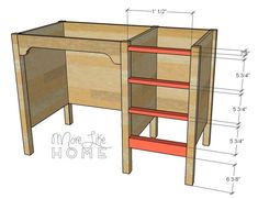 the plans for a loft bed with desk and shelves are shown in this drawing diagram