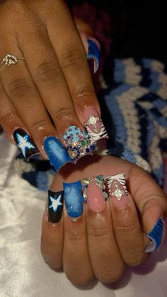 Star Theme Acrylic Nails, Bling Short Acrylic Nails, Rod Wave Nails, Blue Junk Nails, Blue Y2k Nails, Navy Blue Nails Acrylic, Short Junk Nails, Blue Holiday Nails