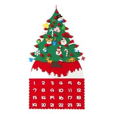 a red and white calendar with a green christmas tree on it's side, in front of a white background