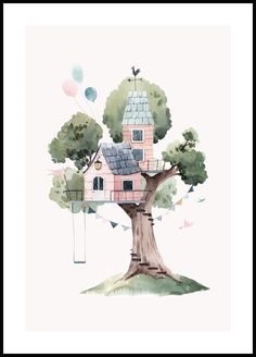 a tree with a house on it and balloons in the sky behind it, watercolor style