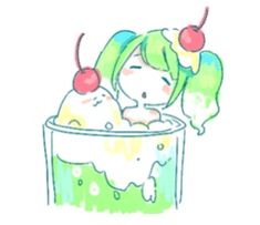 a drawing of a girl in a tub with ice cream and cherries on her head