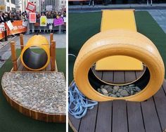 two pictures side by side, one with a yellow slide and the other with rocks in it