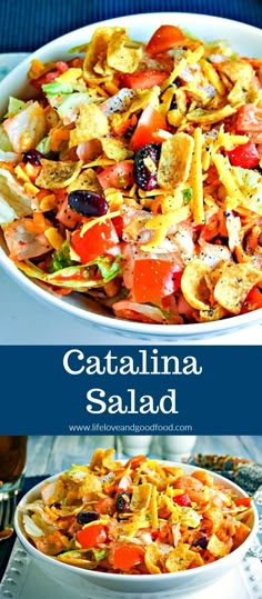 this is an image of a salad in a bowl with the words catalina salad above it