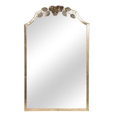 an ornate gold framed mirror with leaves on it's sides and a white background