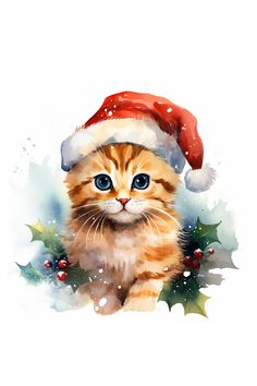 Cute Kitten Watercolor Clipart Christmas Cat Watercolor, Watercolor Art Christmas Cards, Christmas Animals Drawing, Cat Christmas Drawing, Christmas Animals Illustration, Christmas Cat Art, Cute Christmas Clipart, Christmas Knomes, Craft Cricut