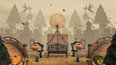 an animated scene with pumpkins, jack - o'- lanterns and a bench